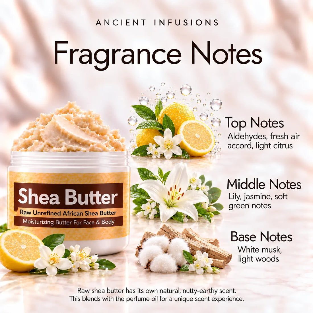 Fresh Linen Shea Butter in an open white jar with textured ivory shea butter and simple scent accents on a soft cream background.