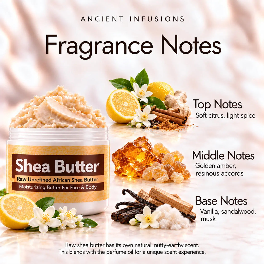 Golden Sand shea butter jar with soft citrus, light spice, golden amber, resin, vanilla, sandalwood and musk fragrance halo.