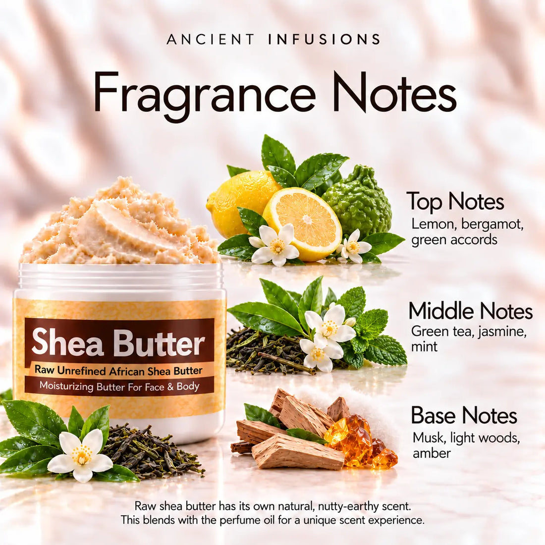Green Tea Shea Butter in an open white jar with textured ivory shea butter and simple scent accents on a soft cream background.