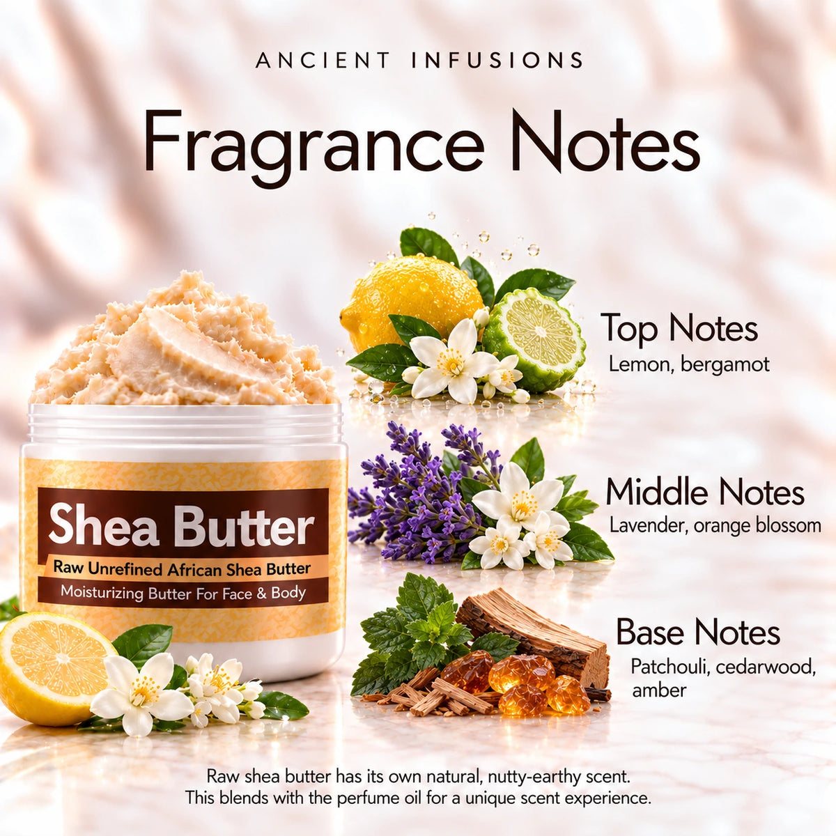 Gucci Guilty Platinum inspired shea butter scent notes: lemon and bergamot; lavender and orange blossom; patchouli, cedarwood and amber.