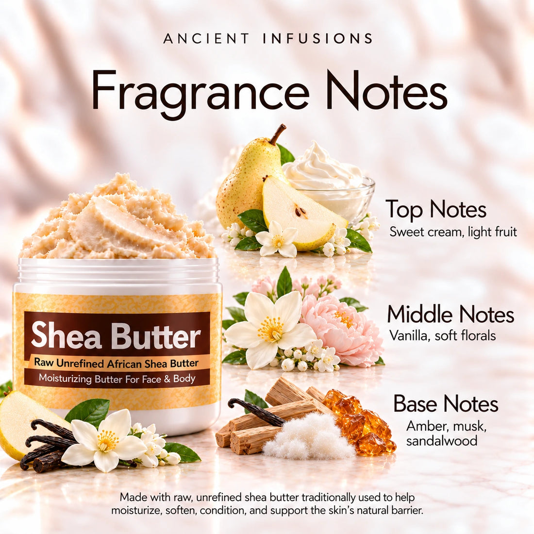 Hug My Neck Shea Butter in an open white jar with textured ivory shea butter and simple scent accents on a soft cream background.