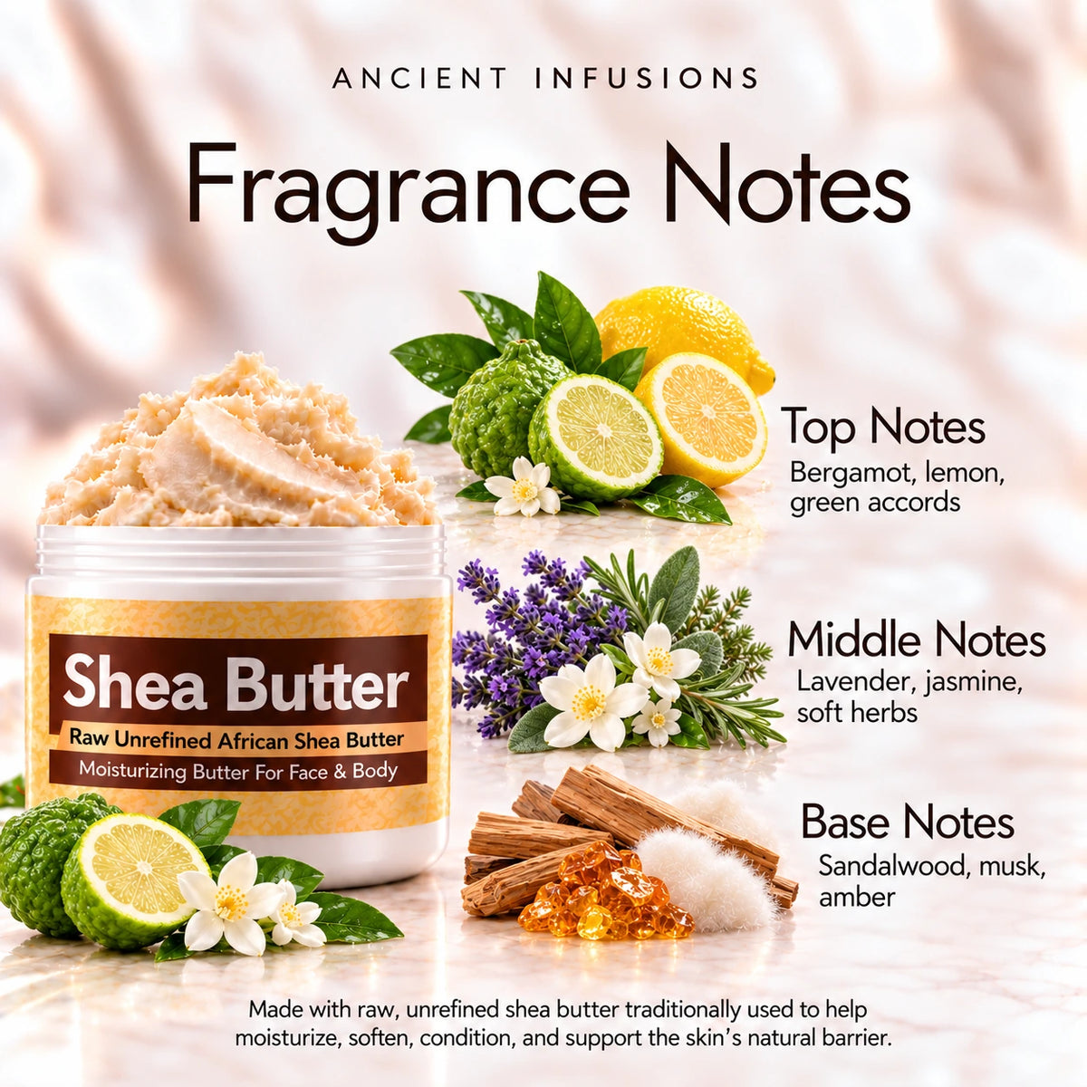Iceberg inspired shea butter scent notes: bergamot, lemon and green accords; lavender, jasmine and soft herbs; sandalwood, musk and amber.