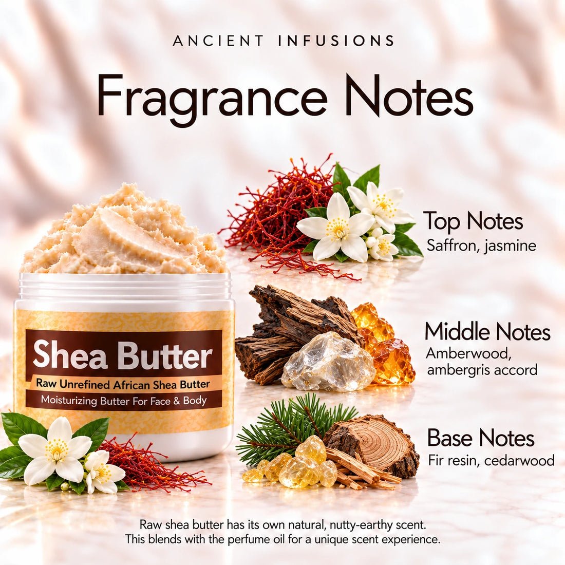 Imported Baccarat Rouge 540 Shea Butter in an open white jar with textured ivory shea butter and subtle scent accents on a soft cream background.