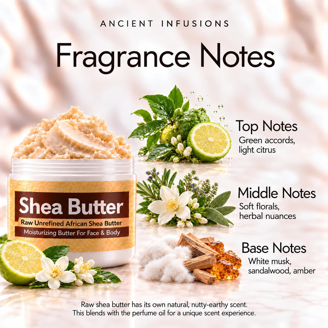 Imported Green Musk Shea Butter in an open white jar with textured ivory shea butter and subtle scent accents on a soft cream background.