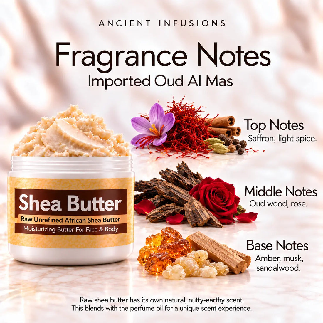 Imported Oud Al Mas Shea Butter in an open white jar with textured ivory shea butter and subtle scent accents on a soft cream background.