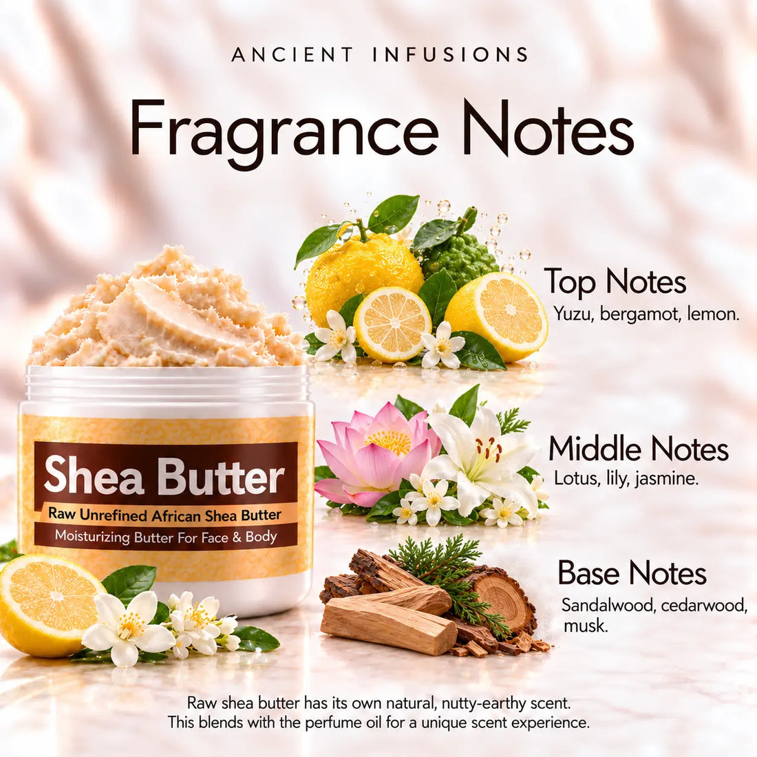 Issey Miyake Shea Butter in an open white jar with textured ivory shea butter and simple scent accents on a soft cream background.
