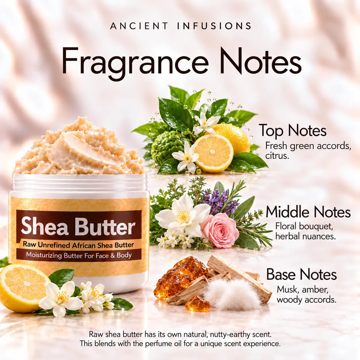 Jannatul Firdaus shea butter fragrance notes: fresh green accords and citrus; floral bouquet and herbal nuances; musk, amber and woody accords.