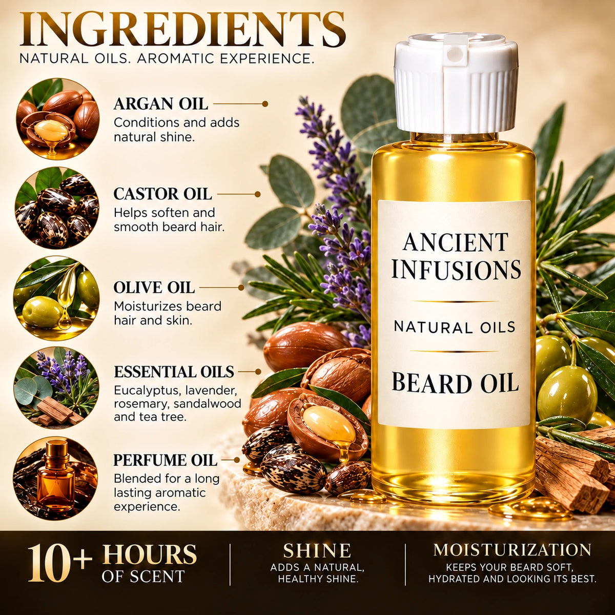 Jean Paul Gaultier Le Male beard oil ingredients: argan, castor, olive, eucalyptus, lavender, rosemary, sandalwood, tea tree, and perfume oil