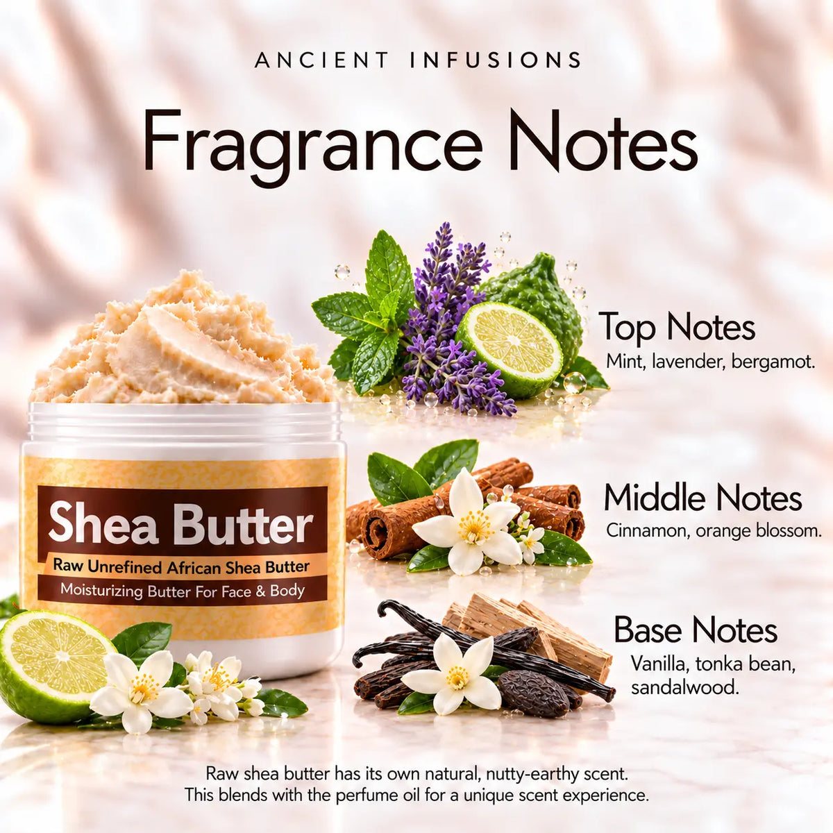 Le Male inspired shea butter fragrance notes: mint, lavender and bergamot; cinnamon and orange blossom; vanilla, tonka bean and sandalwood.