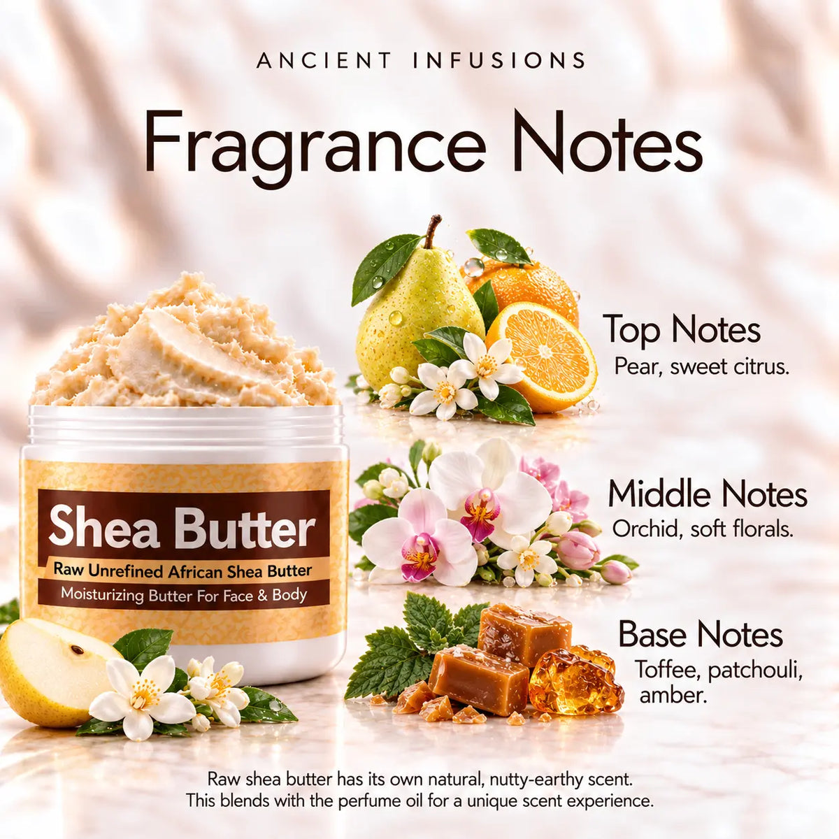 Jimmy Choo Woman inspired shea butter fragrance notes: pear and sweet citrus; orchid and soft florals; toffee, patchouli and amber.