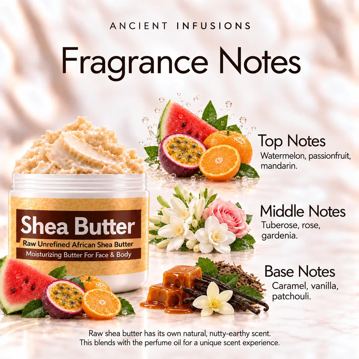 Juicy Couture inspired shea butter fragrance notes: watermelon, passionfruit and mandarin; tuberose, rose and gardenia; caramel, vanilla and patchouli.