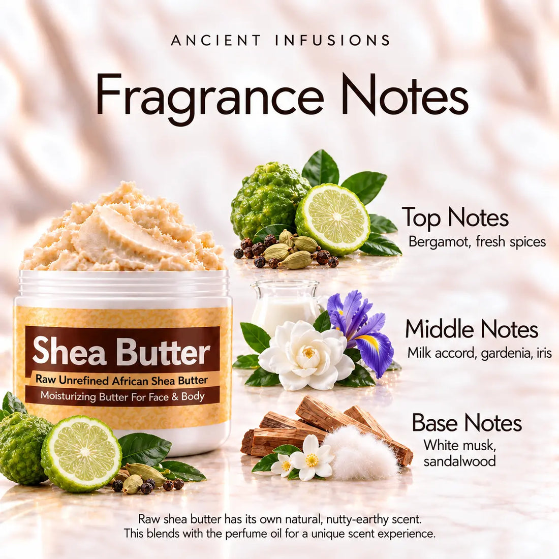 Lanvin Oxygen Shea Butter in an open white jar with textured ivory shea butter and simple scent accents on a soft cream background.
