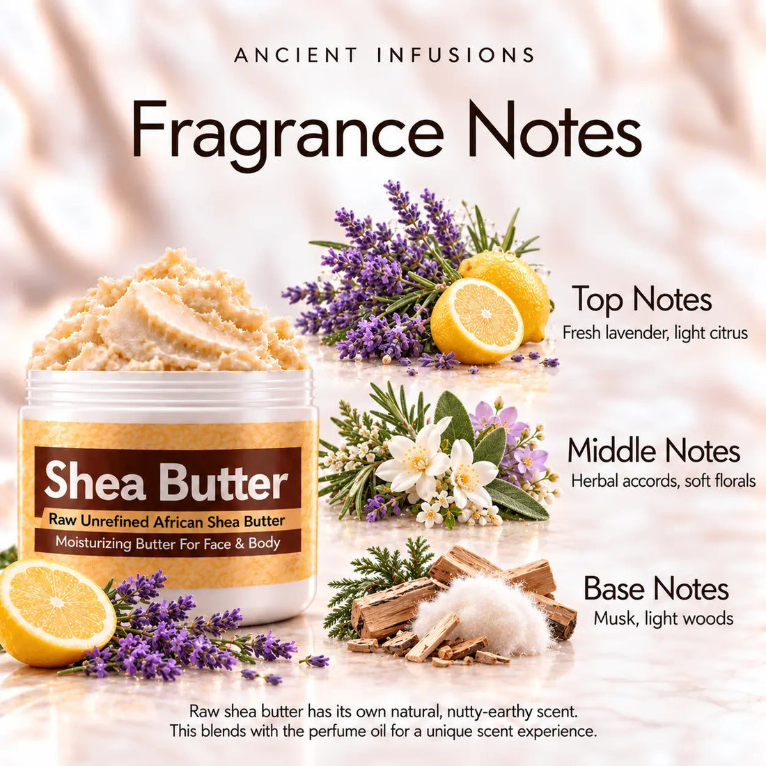 Lavender Shea Butter in an open white jar with textured ivory shea butter and subtle scent accents on a soft cream background.