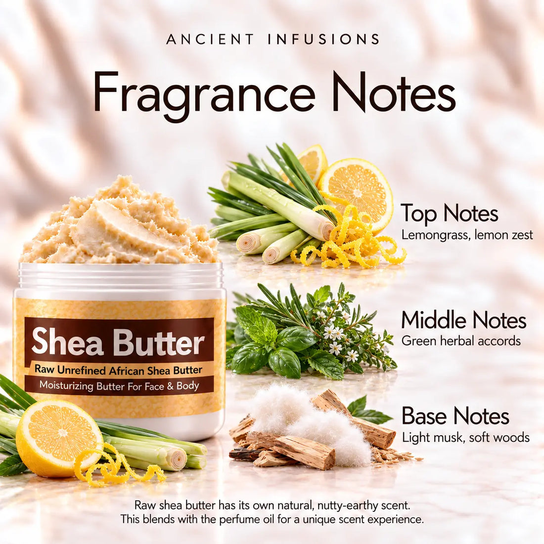 Lemongrass Shea Butter in an open white jar with textured ivory shea butter and subtle scent accents on a soft cream background.