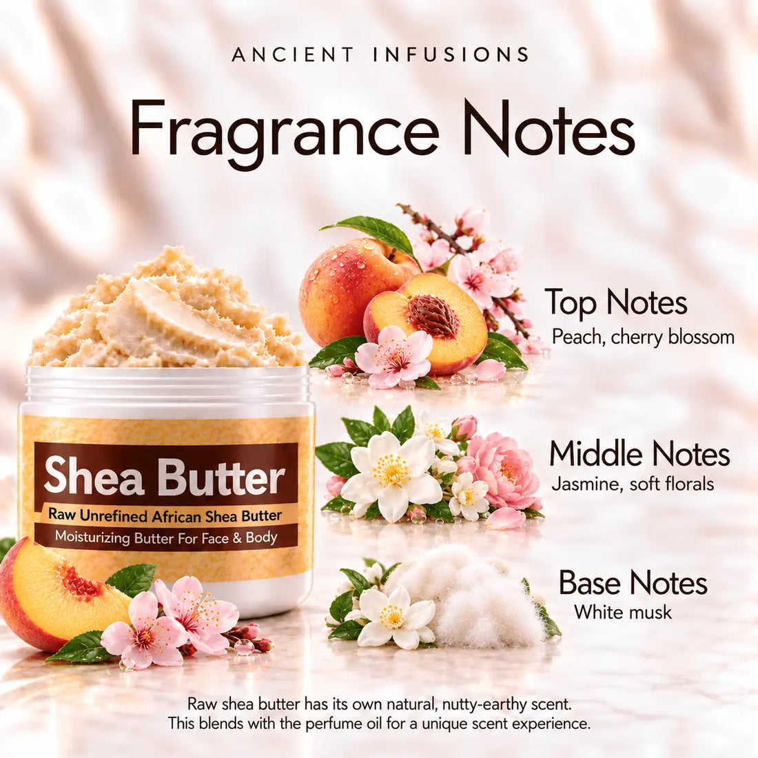 Love Spell shea butter jar with peach, cherry blossom, jasmine, soft florals and white musk fragrance accents.