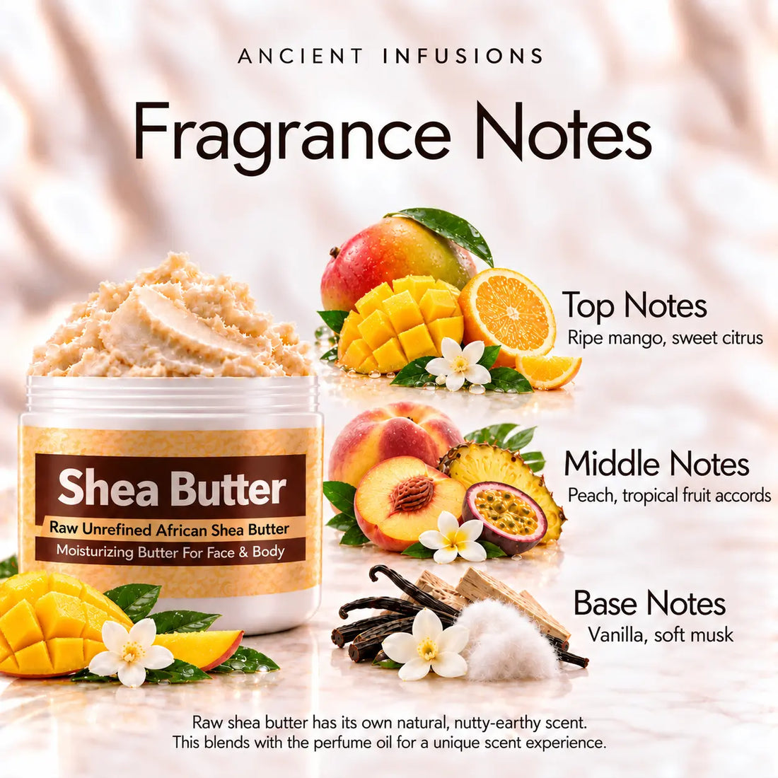 Mango Butter shea butter jar with ripe mango, sweet citrus, peach, tropical fruit, vanilla and soft musk fragrance accents.