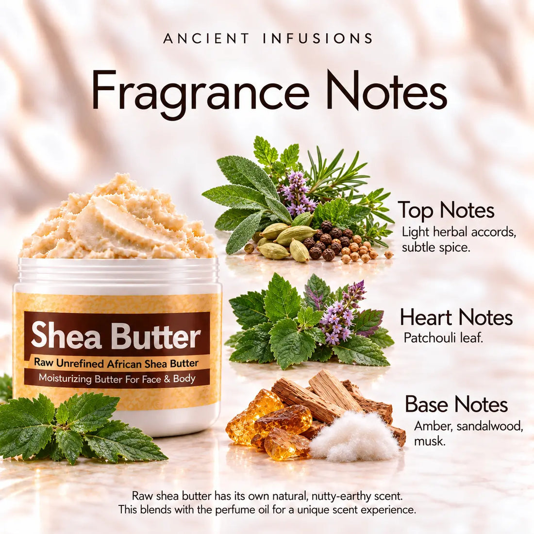 Patchouli Shea Butter in an open white jar with textured ivory shea butter and simple scent accents on a soft cream background.
