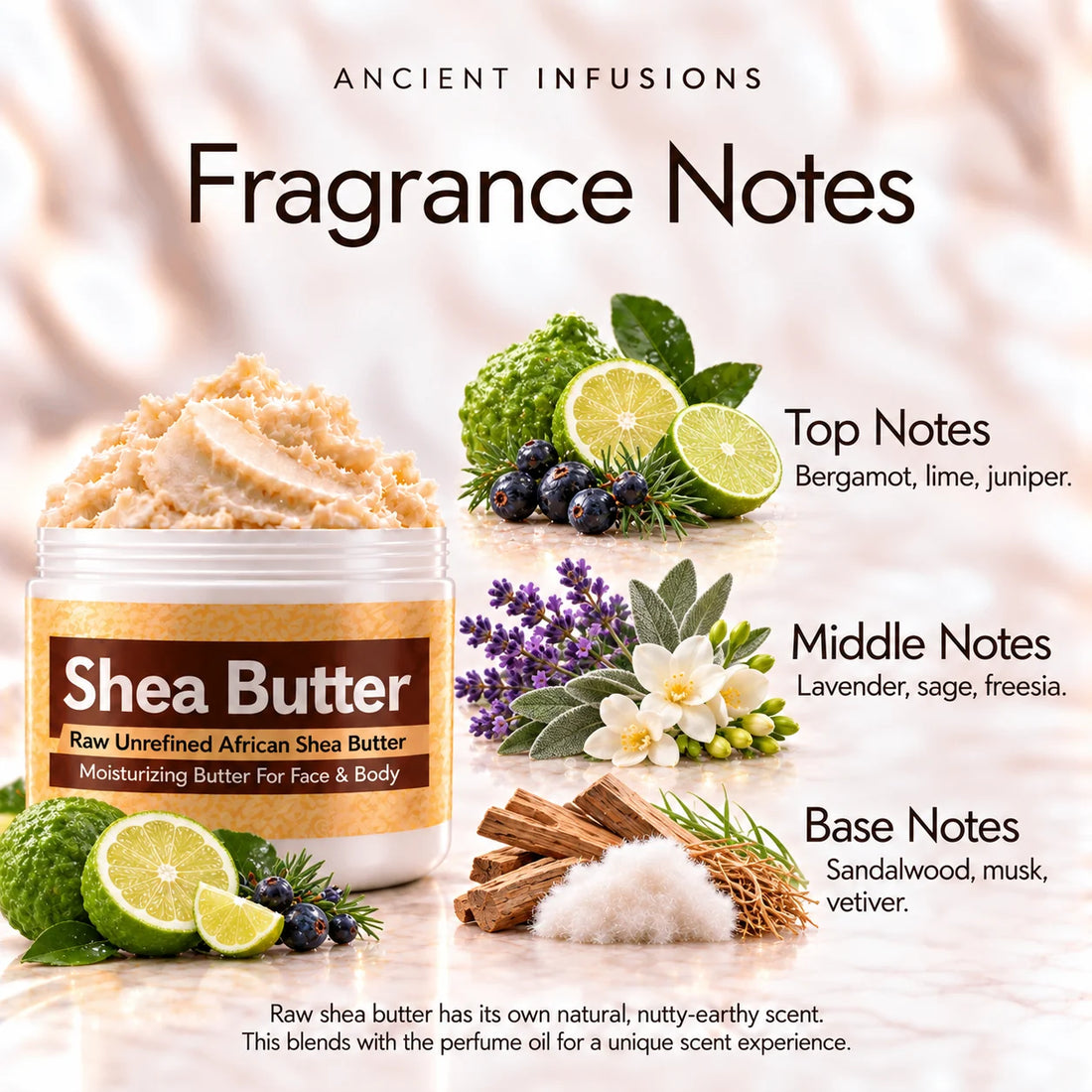 Perry Ellis 360 Shea Butter in an open white jar with textured ivory shea butter and simple scent accents on a soft cream background.