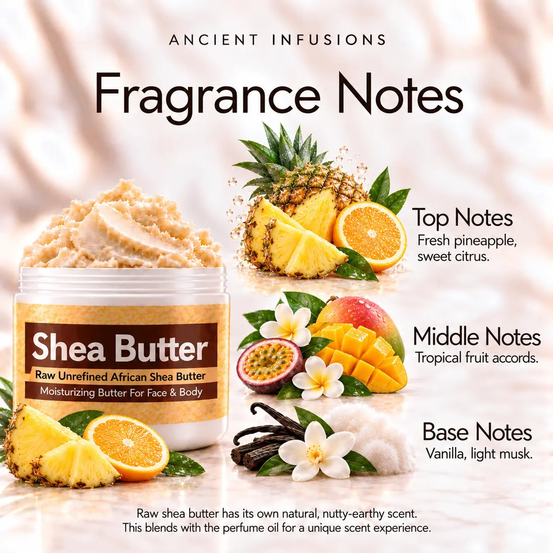 Pineapple Shea Butter in an open white jar with textured ivory shea butter and subtle scent accents on a soft cream background.