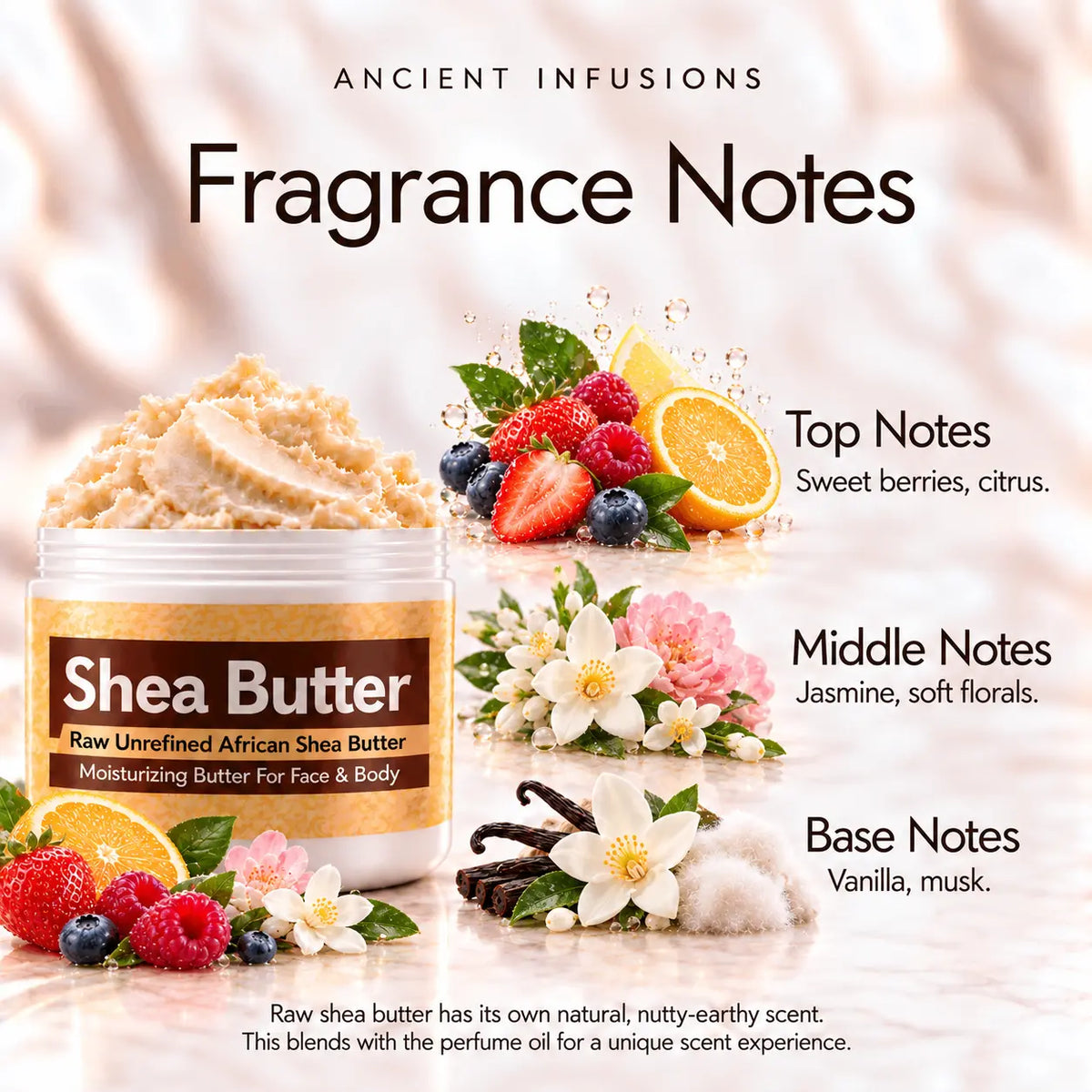 Pink Pu**y shea butter fragrance notes: sweet berries and citrus; jasmine and soft florals; vanilla and musk.