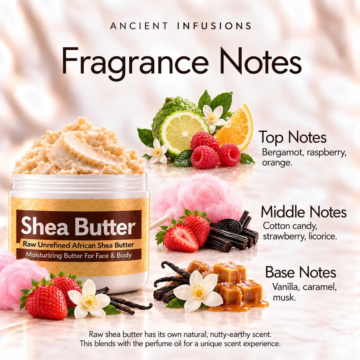 Pink Sugar-inspired shea butter fragrance notes: bergamot, raspberry and orange; cotton candy, strawberry and licorice; vanilla, caramel and musk.