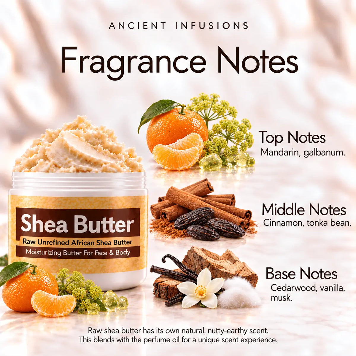 Playboy London-inspired shea butter fragrance notes: mandarin and galbanum; cinnamon and tonka bean; cedarwood, vanilla and musk.