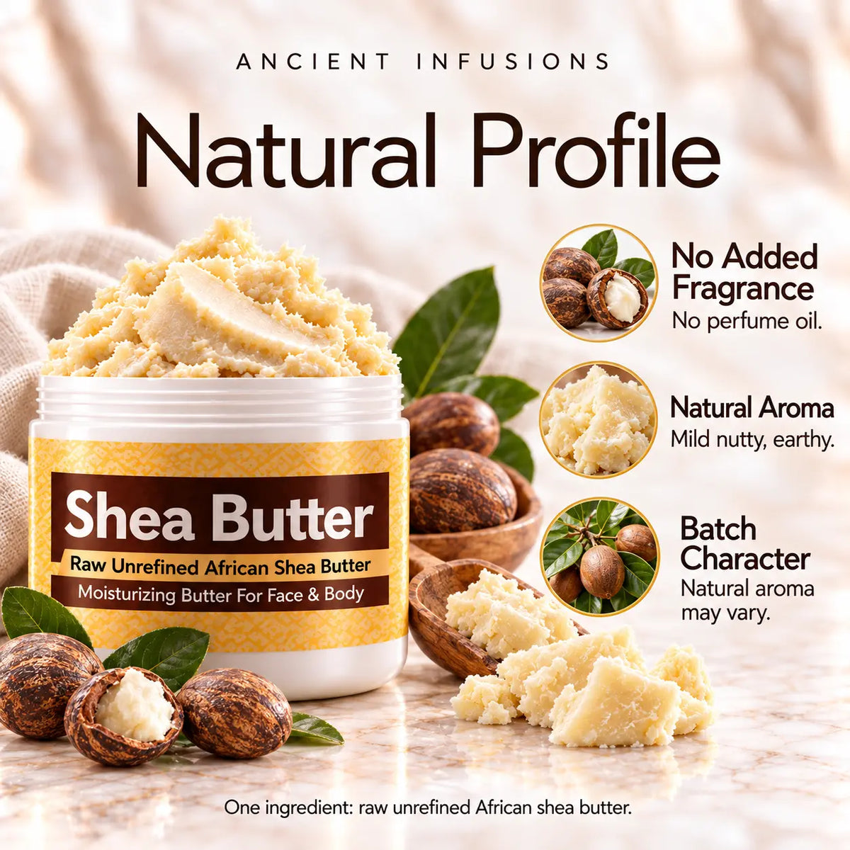 Raw African unscented shea butter natural profile: no added fragrance, no perfume oil and a mild nutty, earthy aroma that may vary by batch.