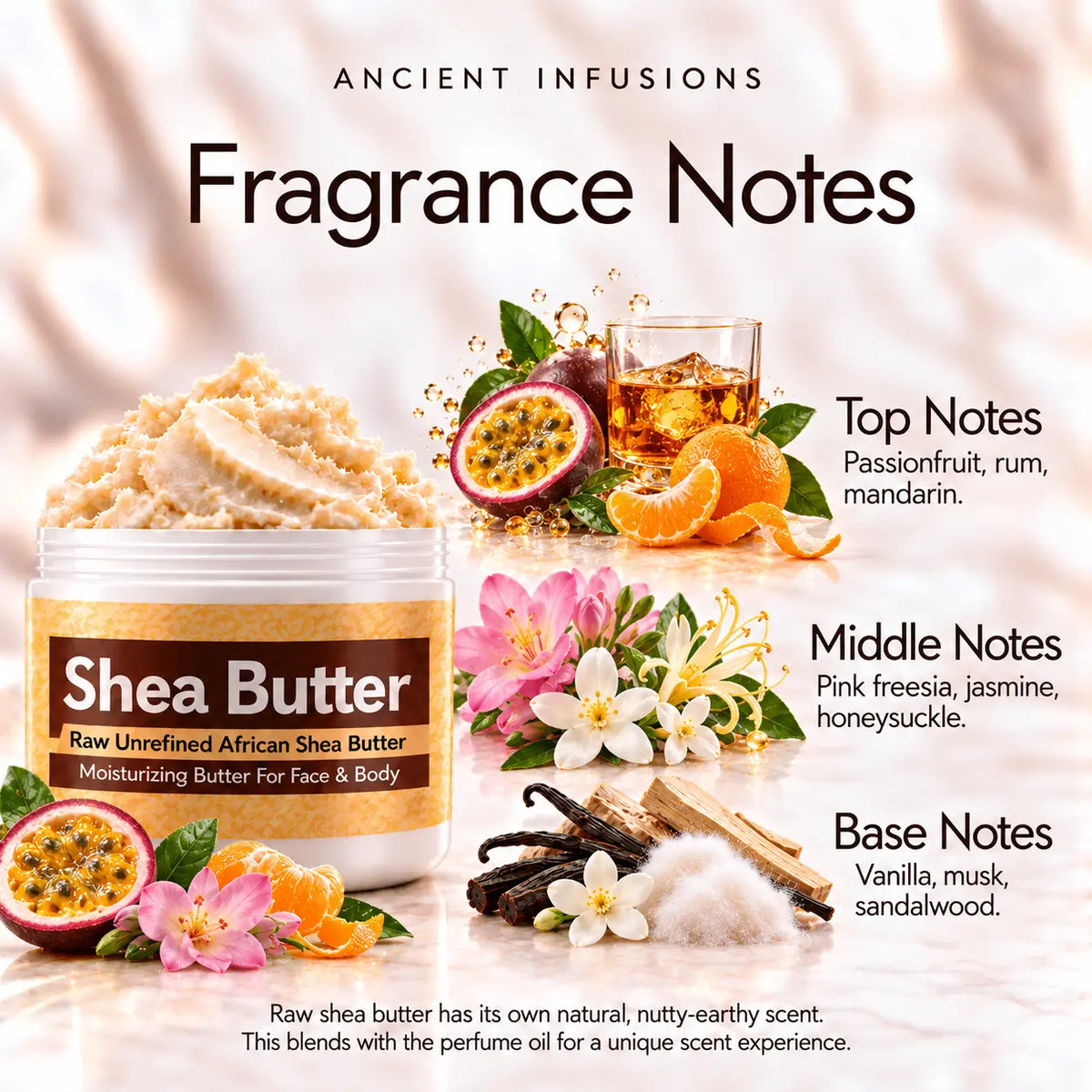 Rihanna RiRi-inspired shea butter fragrance notes: passionfruit, rum and mandarin; pink freesia, jasmine and honeysuckle; vanilla, musk and sandalwood.