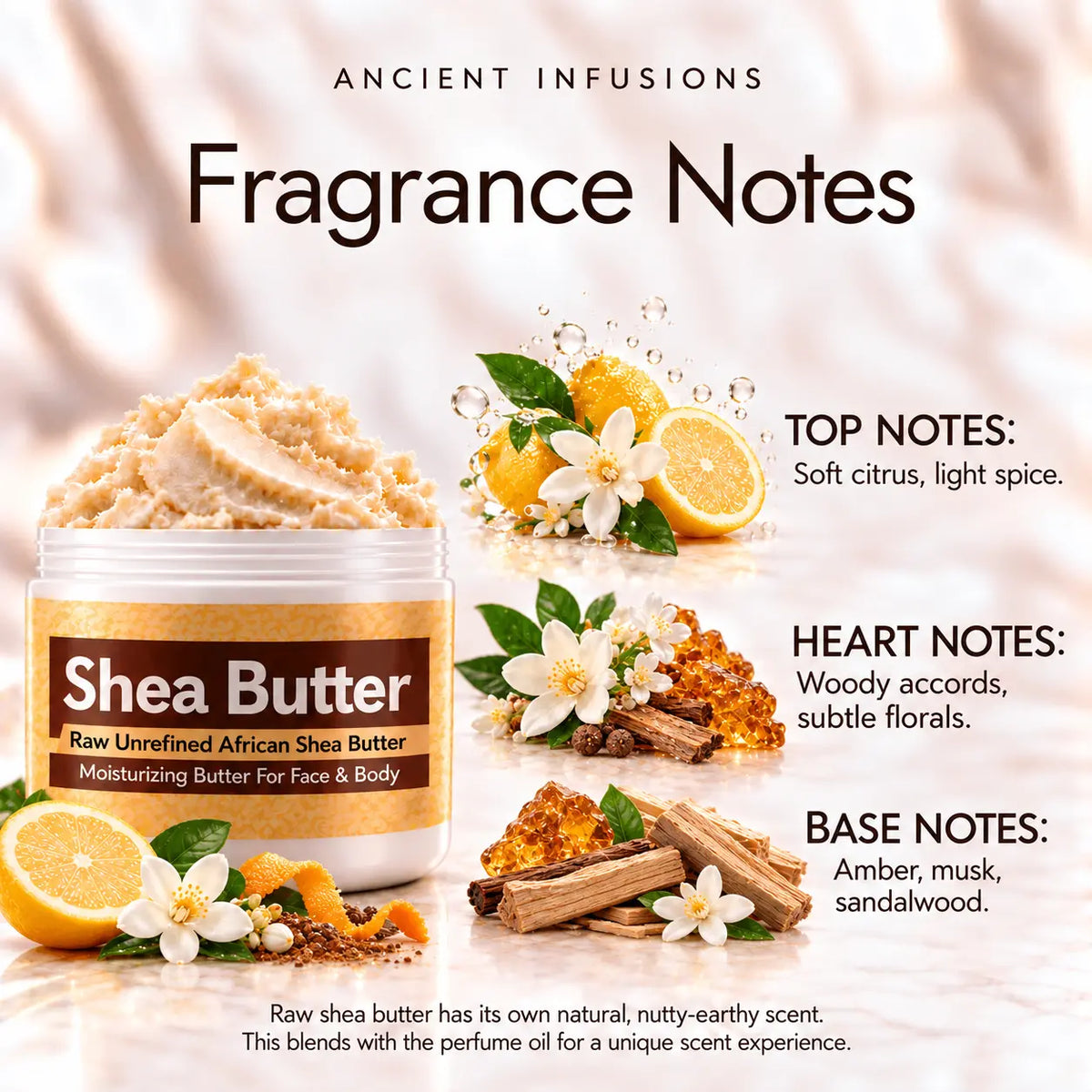 Sabatt shea butter fragrance notes: soft citrus and light spice; woody accords and subtle florals; amber, musk and sandalwood.