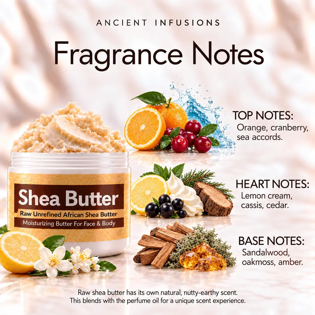 Sean John I Am King Shea Butter in an open white jar with ivory shea butter, subtle orange, cranberry and cedar accents on a soft cream background.