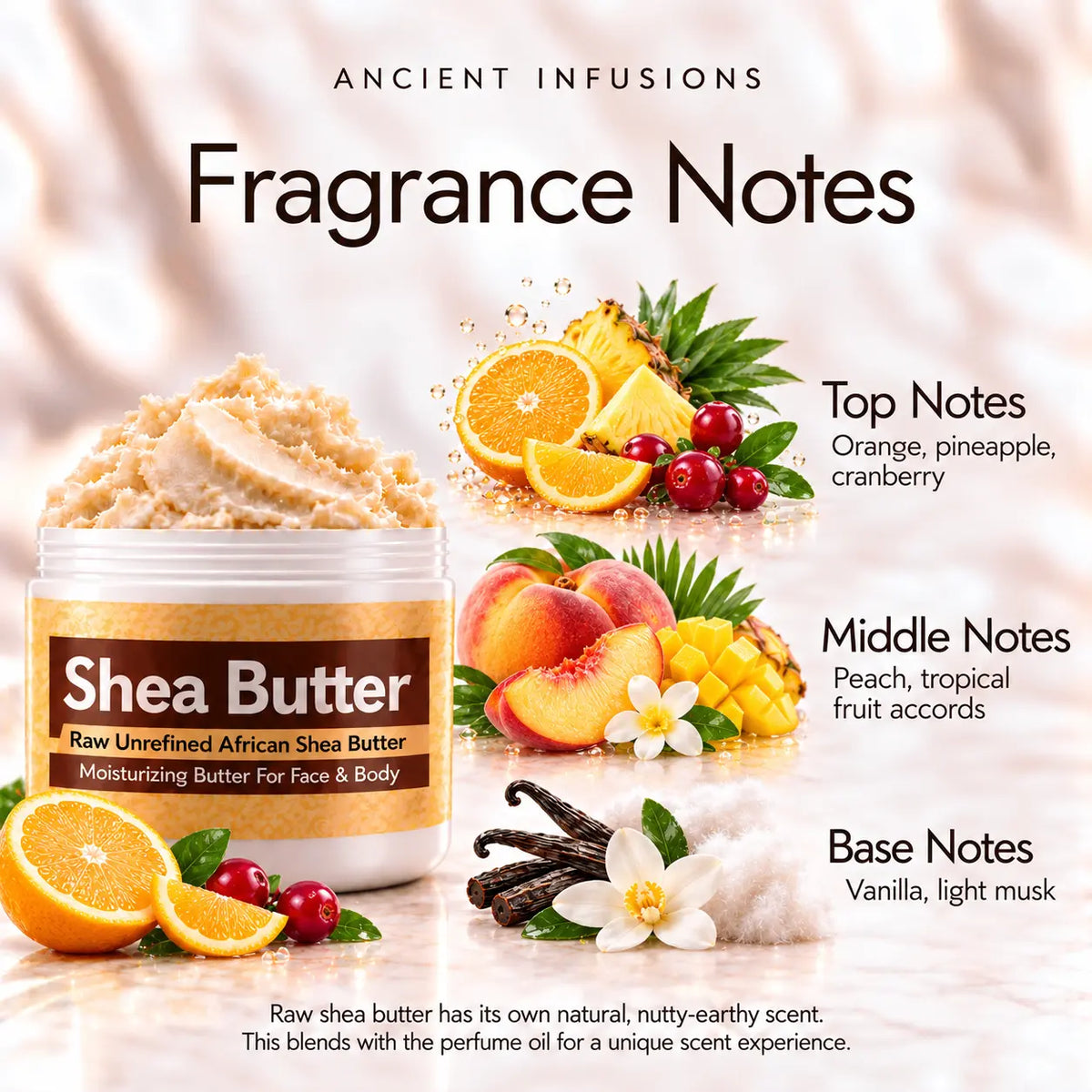 Sex on the Beach shea butter fragrance notes: orange, pineapple and cranberry; peach and tropical fruit accords; vanilla and light musk.