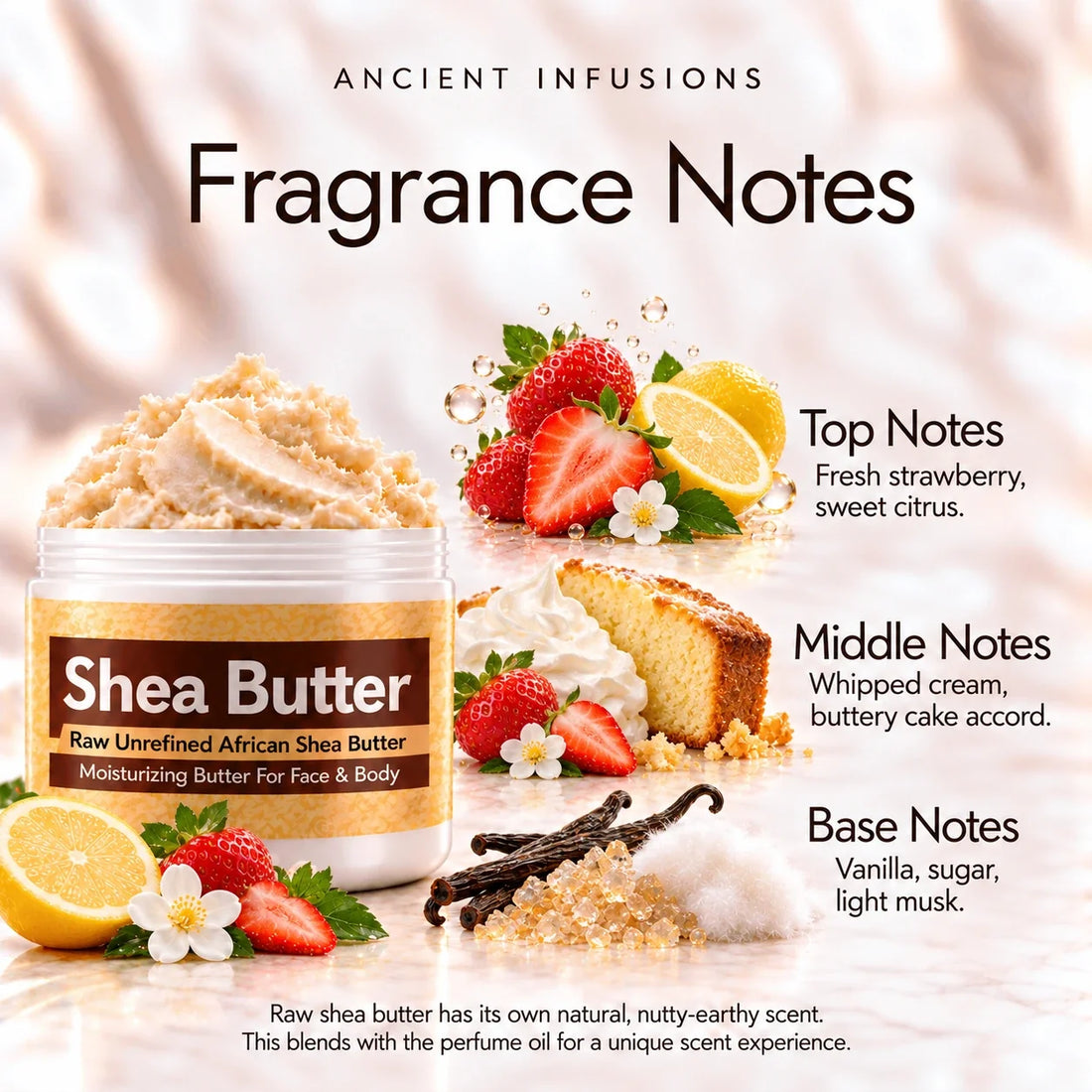 Strawberry Pound Cake Shea Butter in an open white jar with textured ivory shea butter and subtle scent accents on a soft cream background.
