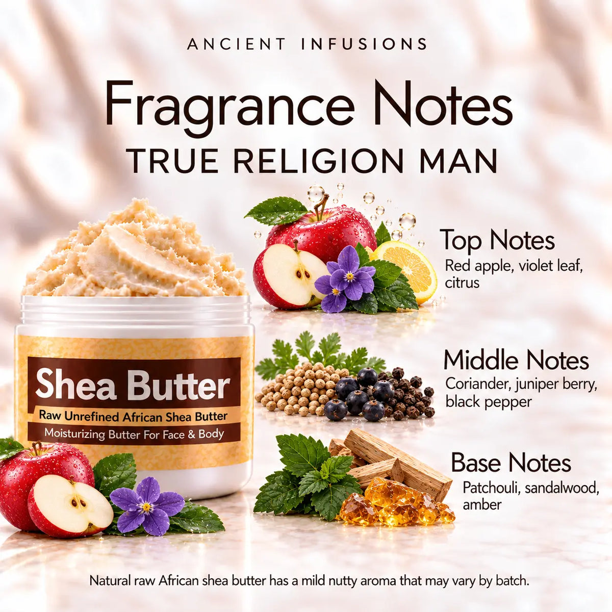 True Religion Man shea butter fragrance notes: red apple, violet leaf and citrus; coriander, juniper berry and black pepper; patchouli, sandalwood and amber.