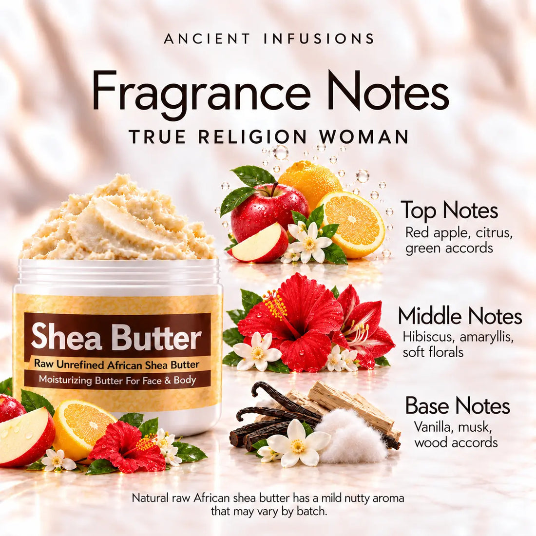 True Religion Woman Shea Butter in an open white jar with textured ivory shea butter and subtle scent accents on a soft cream background.