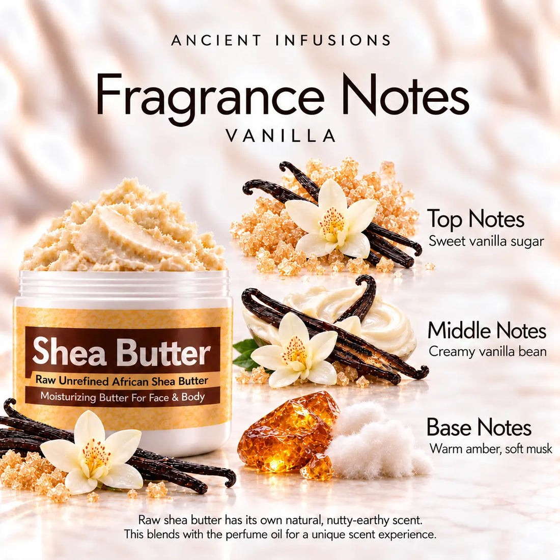 Vanilla Shea Butter in an open white jar with textured ivory shea butter and subtle scent accents on a soft cream background.