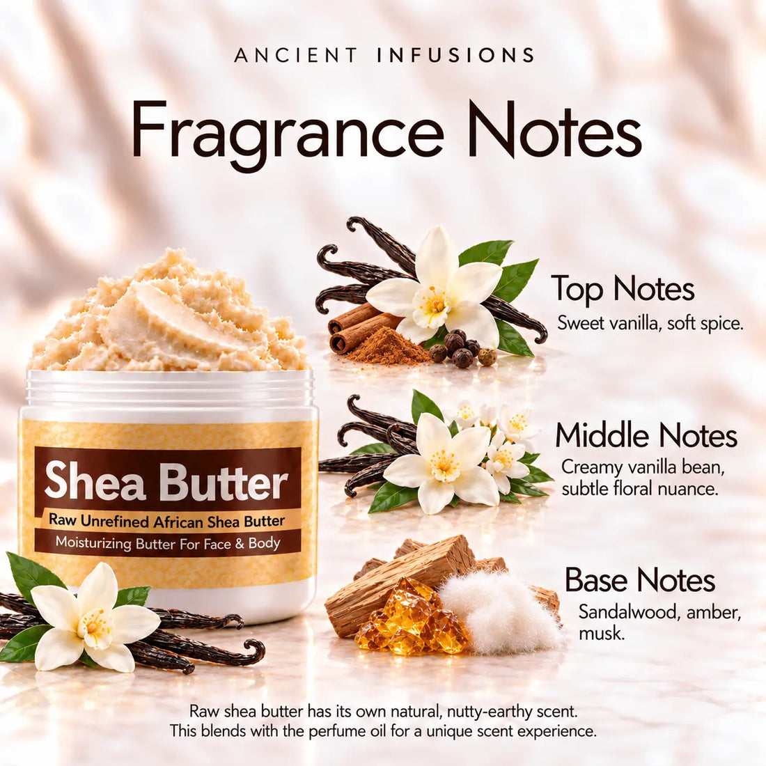 Vanilla Woods Shea Butter in an open white jar with textured ivory shea butter and subtle scent accents on a soft cream background.