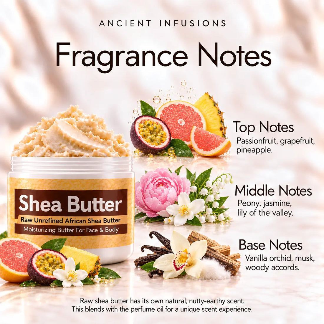 Victorias Secret Bombshell Shea Butter in an open white jar with textured ivory shea butter and simple scent accents on a soft cream background.
