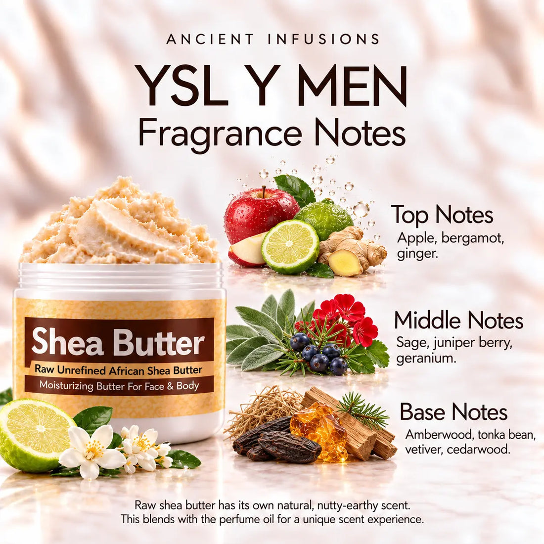 YSL Y Men Shea Butter in an open white jar with textured ivory shea butter and subtle scent accents on a soft cream background.