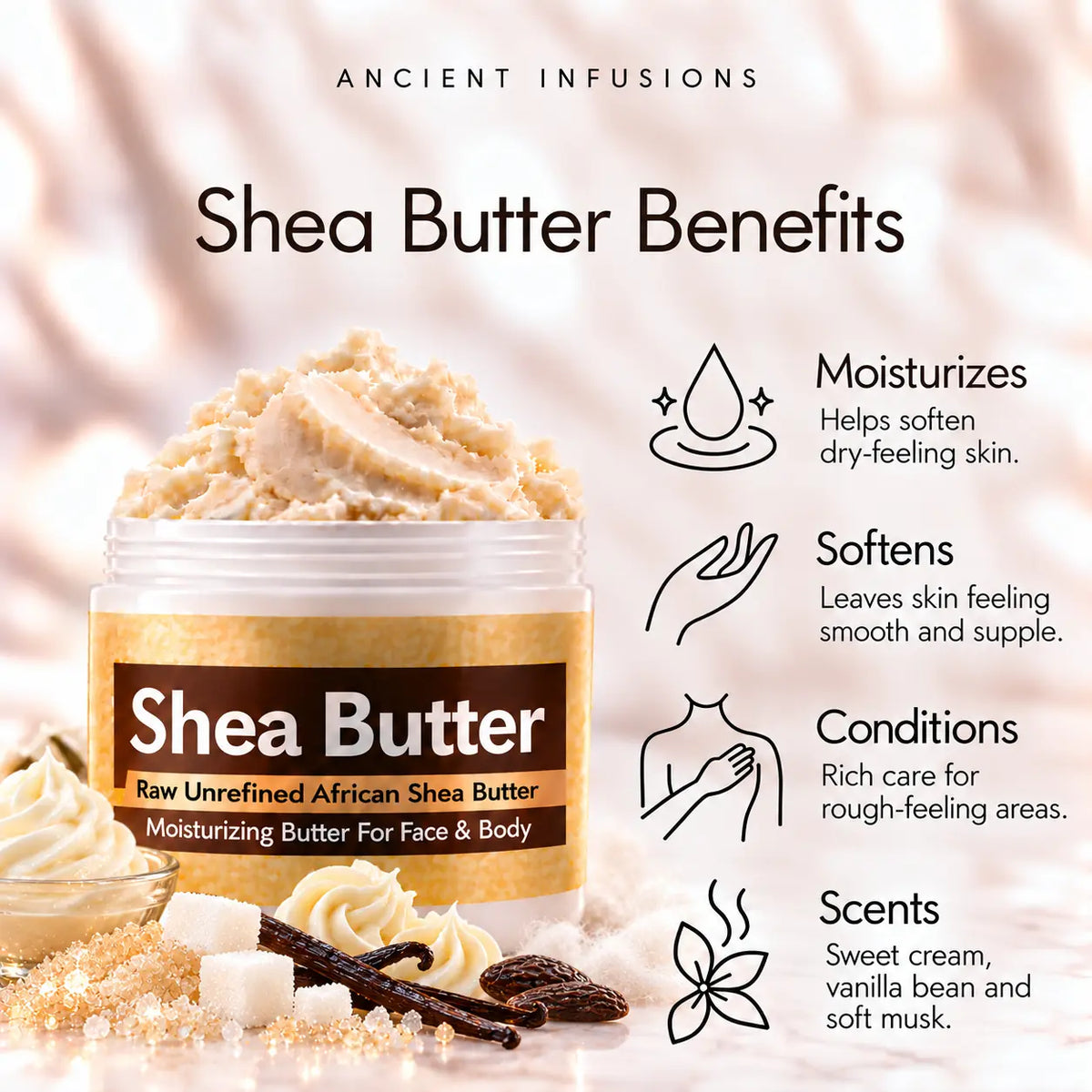 Butter Cream shea butter moisturizing, softening, conditioning and scented-skin benefits.