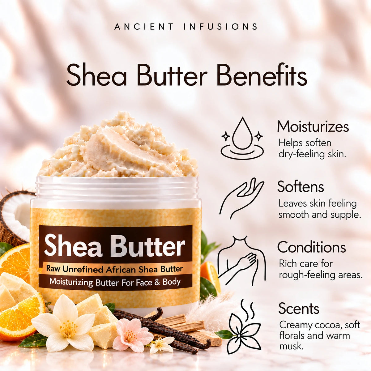 Cocoa Butter Cashmere shea butter moisturizing, softening, conditioning and scented-skin benefits.