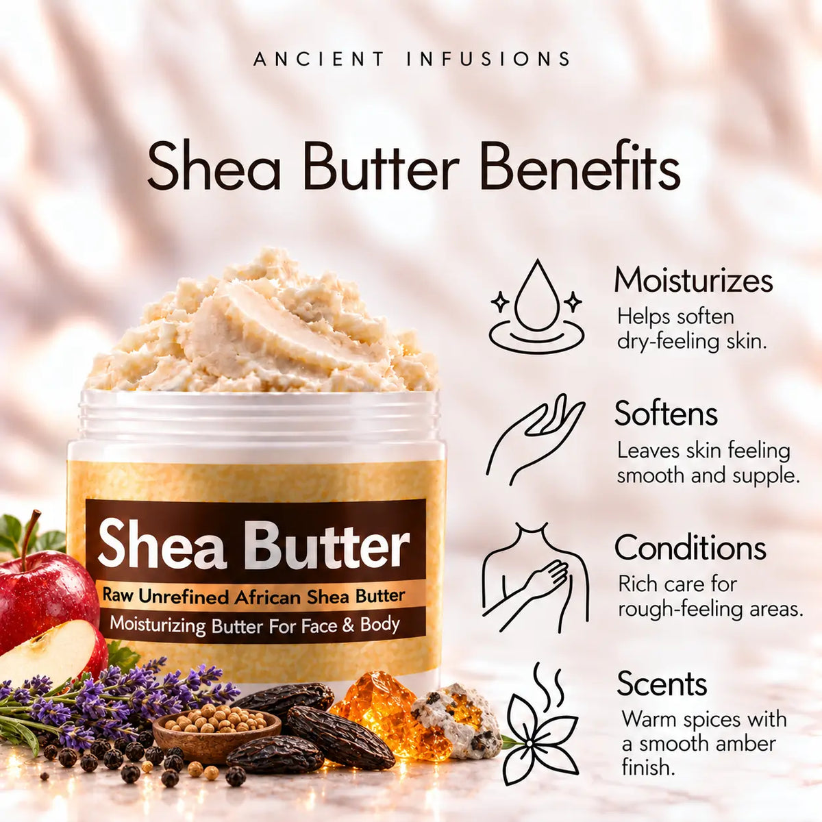 Ferragamo Black inspired shea butter moisturizing, softening, conditioning and warm spicy amber scented-skin benefits.
