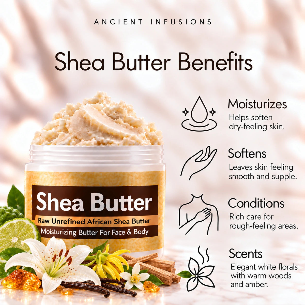 Gucci Bamboo inspired shea butter moisturizing, softening, conditioning and elegant floral-woody scented-skin benefits.