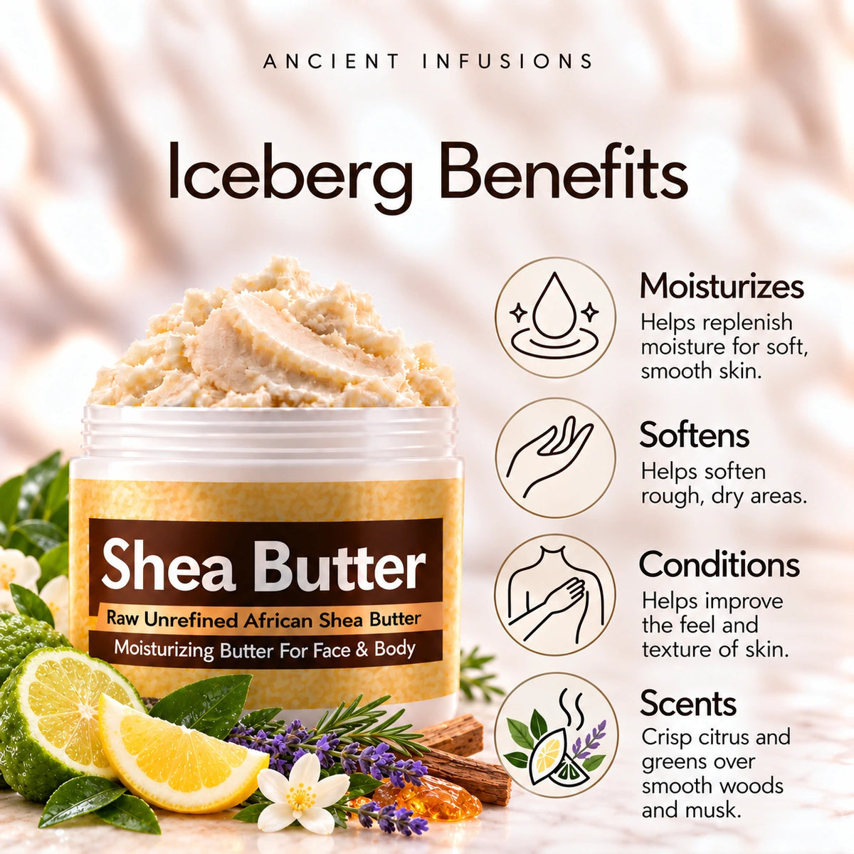 Iceberg inspired shea butter moisturizing, softening, conditioning and crisp citrus-green woody-musk scented-skin benefits.