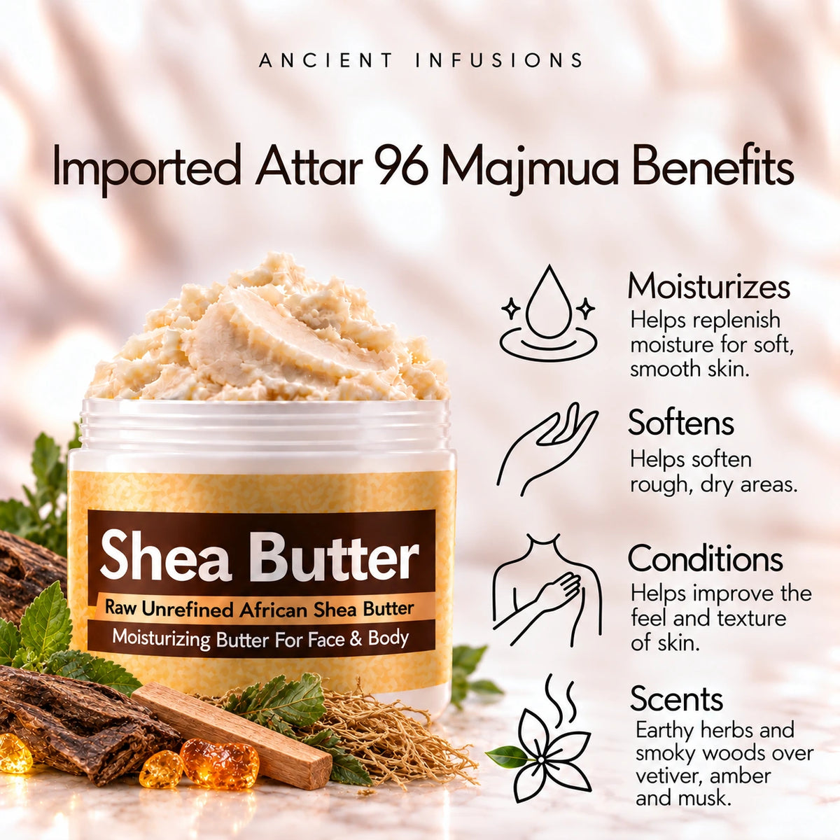 Imported Attar 96 Majmua shea butter moisturizing, softening, conditioning and earthy herbal smoky-wood scented-skin benefits.