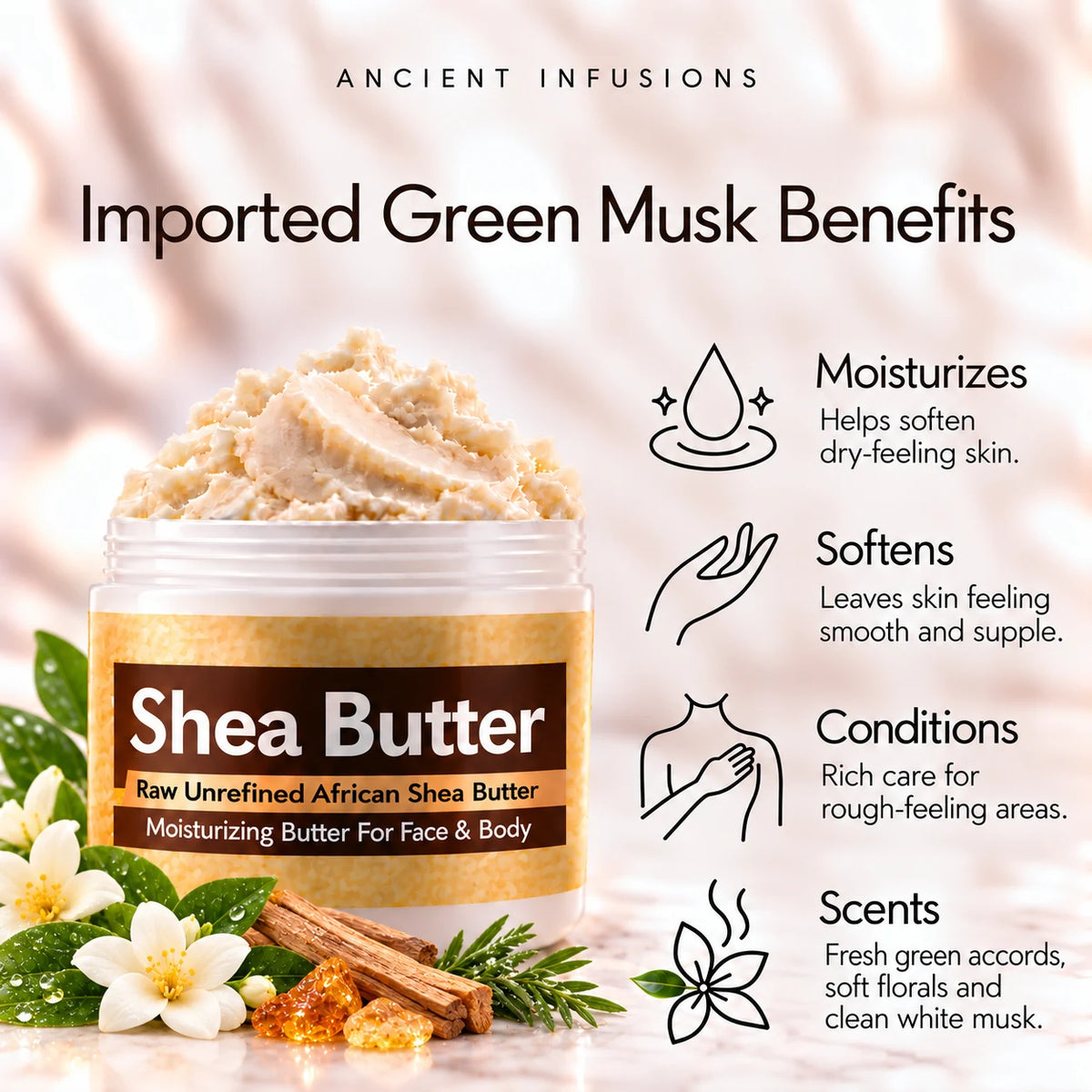 Imported Green Musk shea butter moisturizing, softening, conditioning and fresh green-floral white-musk scented-skin benefits.