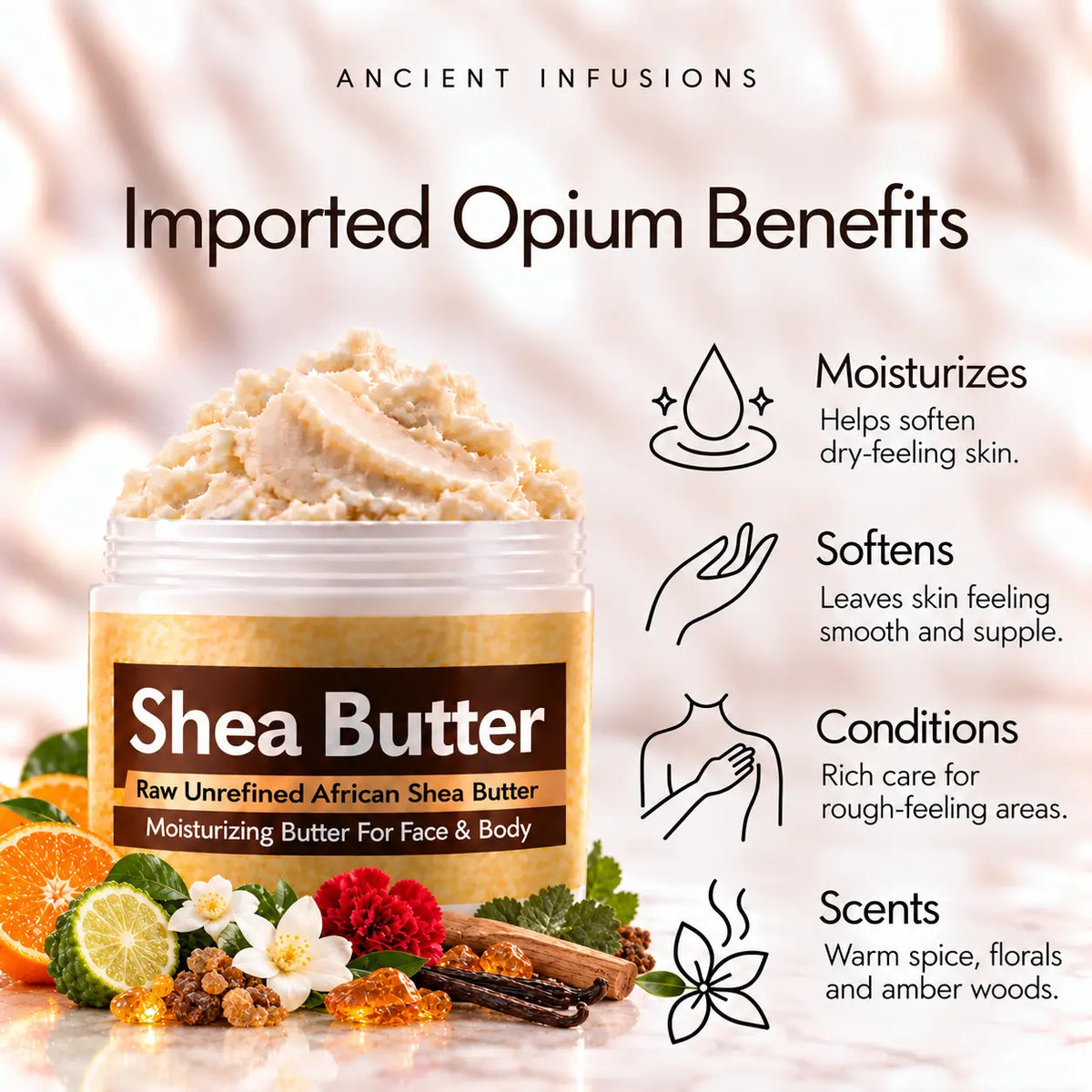 Imported Opium shea butter moisturizing, softening, conditioning and warm spice, floral and amber-wood scented-skin benefits.