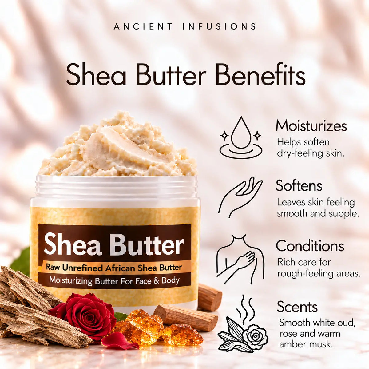 Imported White Oud shea butter moisturizing, softening, conditioning and white oud, rose and amber musk scented-skin benefits.