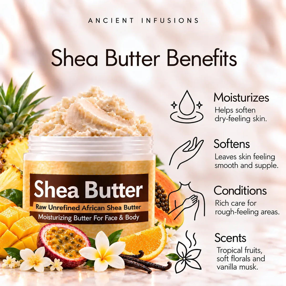 Jamaican Fruit shea butter moisturizing, softening, conditioning and tropical fruit, floral and vanilla-musk scented-skin benefits.