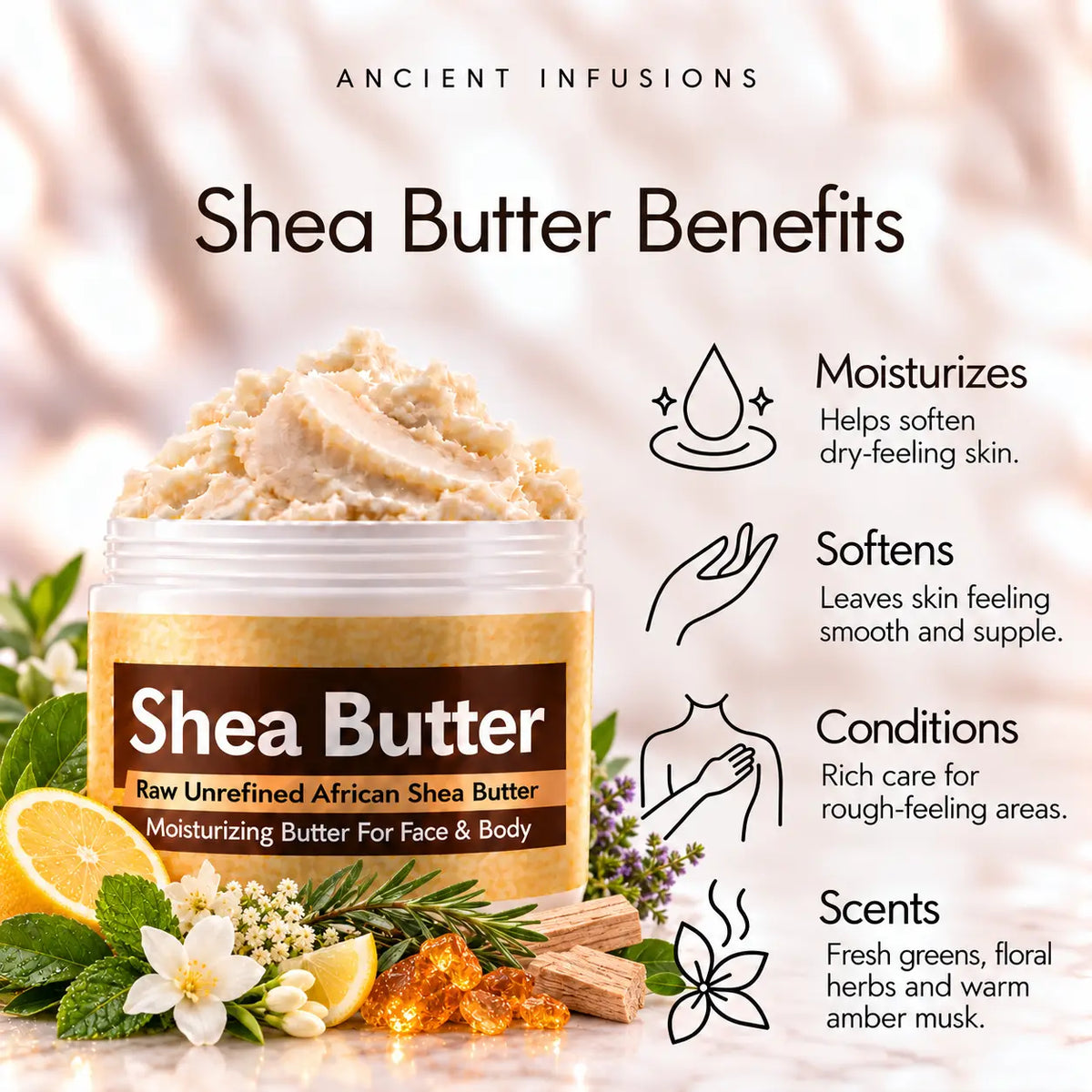 Jannatul Firdaus shea butter moisturizing, softening, conditioning and green floral-herbal amber-musk scented-skin benefits.