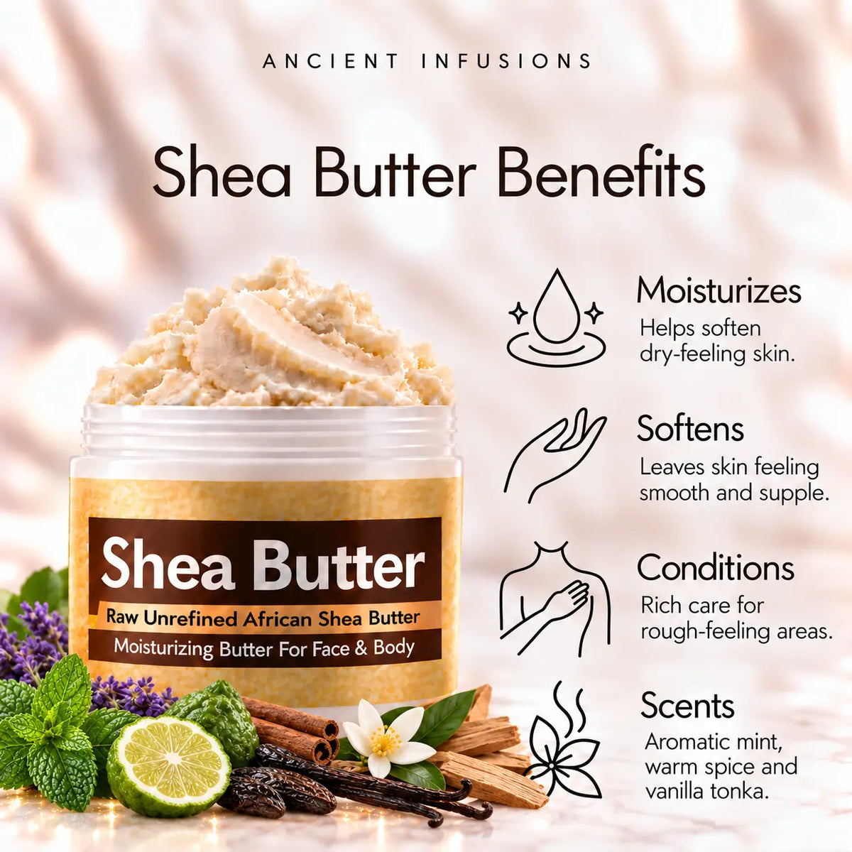 Le Male inspired shea butter moisturizing, softening, conditioning and aromatic mint, warm spice and vanilla-tonka scented-skin benefits.